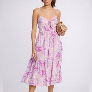🆕🌸AQUA Floral Tie Front Midi Dress Pink Purple Smocked Back Spaghetti Strap M